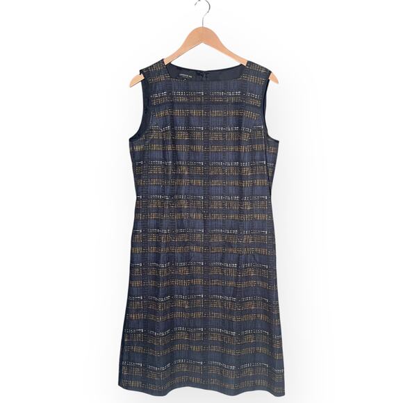 LAFAYETTE 148 NY Striped Sheath Knee Length Dress Gold Blue Career Sleeveless 12 - Picture 10 of 13